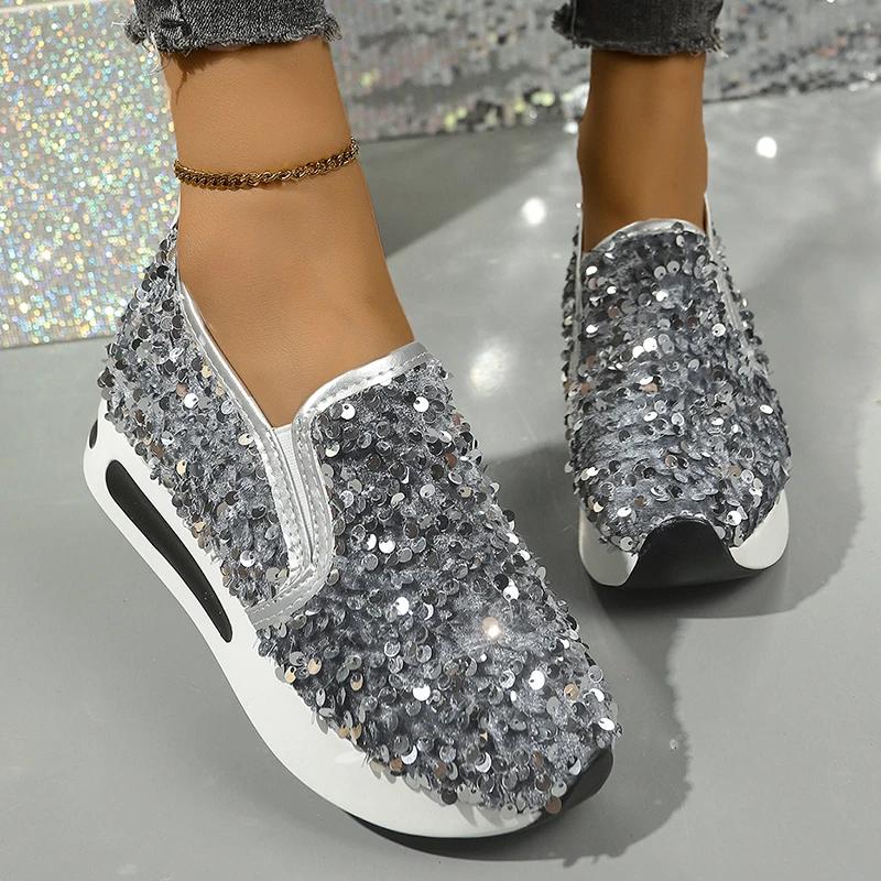 Fashion Silver Glitter Chunky Platform Comfort Sneakers Women 2025 Autumn Thick Bottom Loafers Slip-On Height Increasing Casual Shoes 42