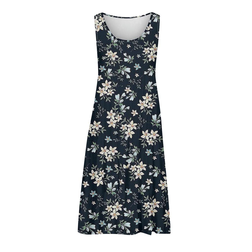 Women Summer Spring Pleated Bohemian Dresses Cute Sleeveless Flowing Beach Straight T-Shirt Tank Dresses Round Neck Dresses