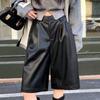 Women's Fall Winter Plus Size PU Leather Wide Leg Knee-Length Pants Elastic Waist Capris Plus Size Shorts Hip-Hiding Mini Shorts