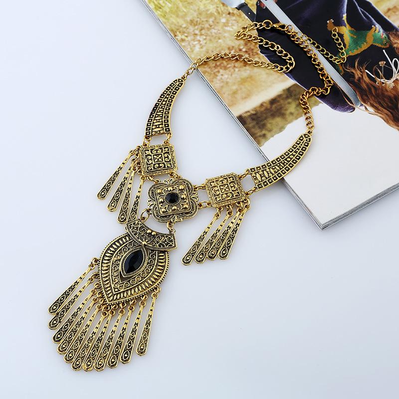Vintage Ethnic Exaggerated Statement Necklaces Antique Silver Carved Water Drop Tassel Necklaces For Women Boho Jewelry