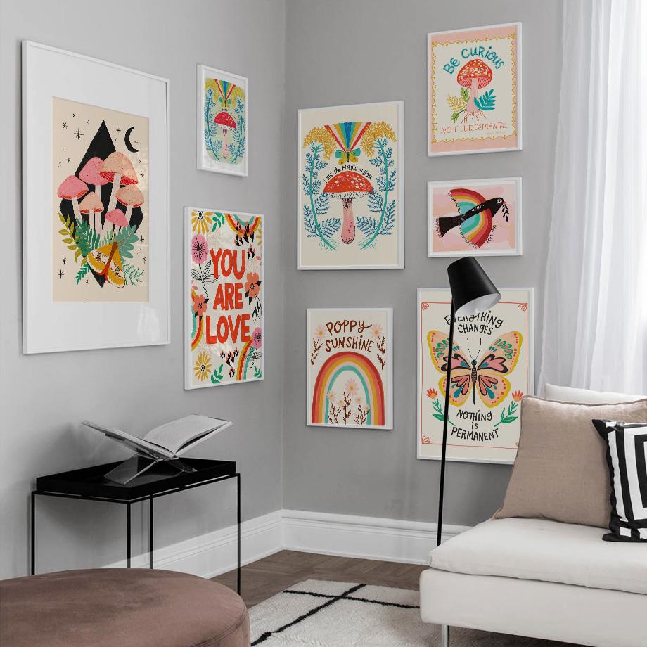 

Мультфильм Гриб Бабочка Птица Радуга Настенная Живопись Плакаты на скандинавскую тему и принты Настенная картина Детская комната Настраиваемая