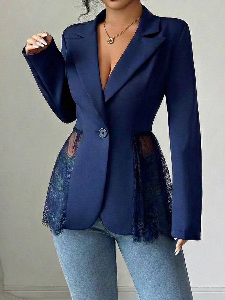 Women Elegant Hem Black Suit Coat Fashion V-neck Single Breasted Color Lace Patchwork Blazer Waist Slimming Women's Suit Jacket