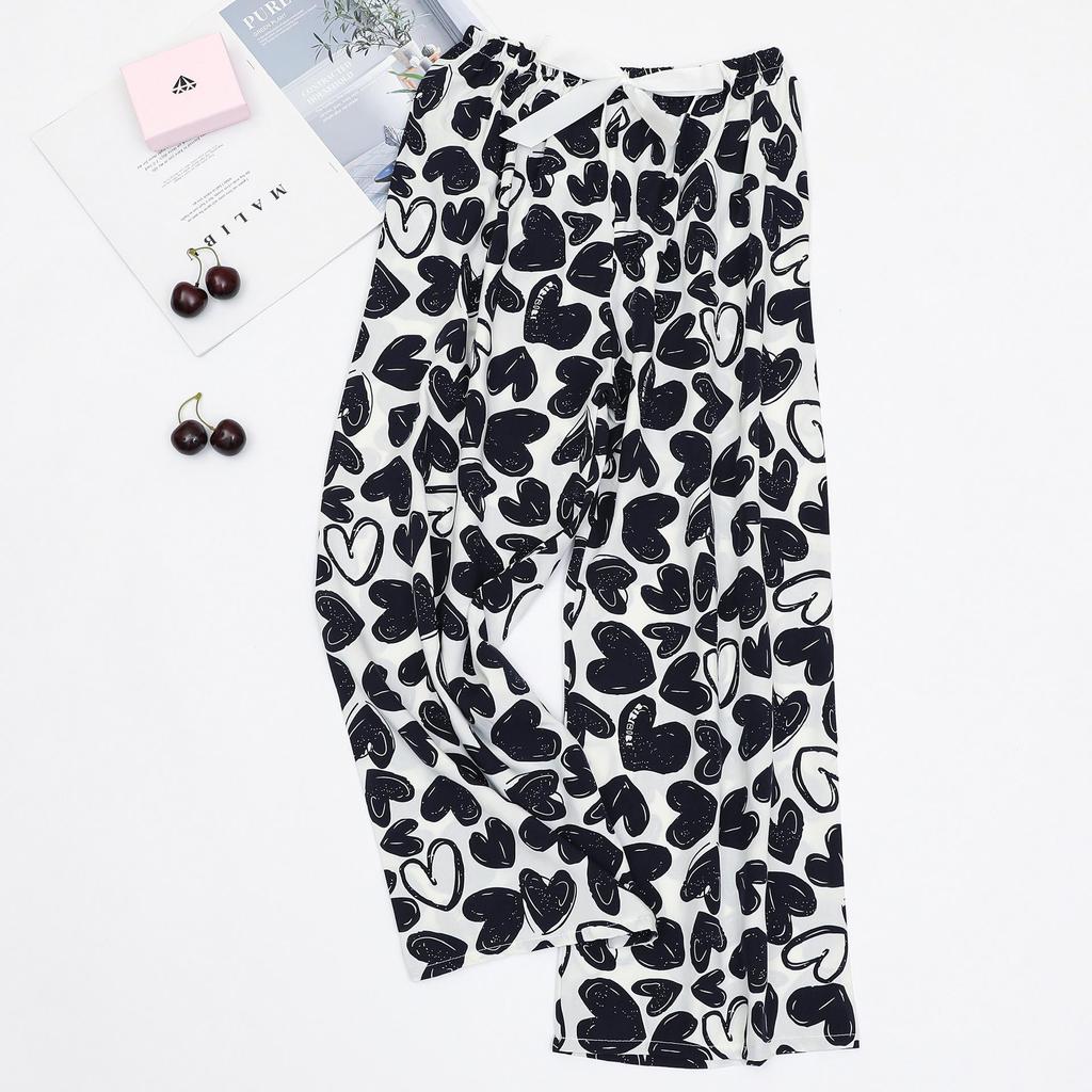 Women's Cotton-Silk Cartoon Pajama Pants, Summer Thin, Black & White Wide-Leg, Plus Size, Outdoor Beach Wear.