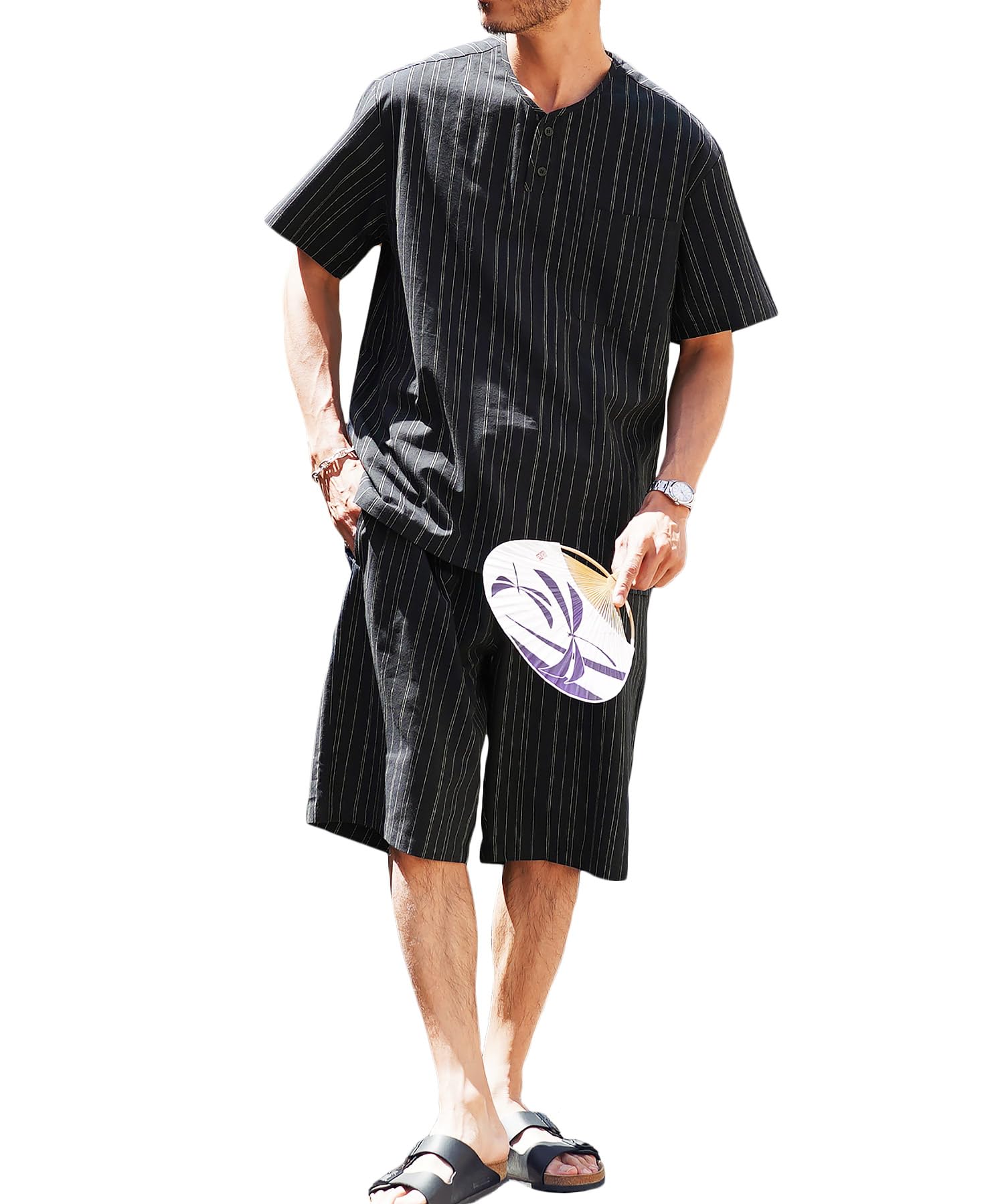 

Jinbei Night Rain Jinbei Top and Bottom Japanese Shijira Perfect for Summer Fireworks [JIGGYS SHOP] (Large, B) (Henley Neck) Men s Set, 100% Cotton,