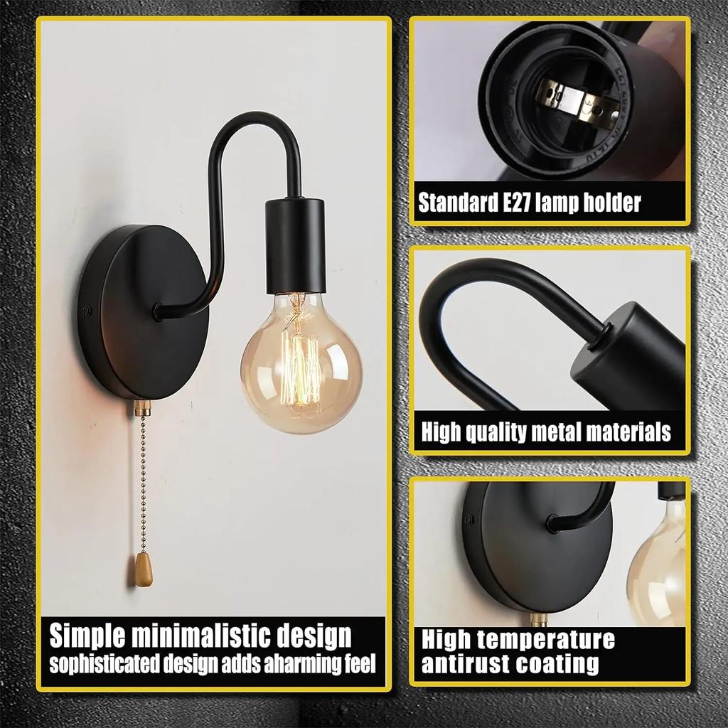 Vintage Pull Chain Wall Lights Set of Two, Black Sconce Industrial Lamp Hard Wired,  Bedroom Living Room Kitchen