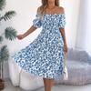 Women's Fashionable Floral Print Square Collar  Short Sleeved Dress With Large Skirt And Loose Fit