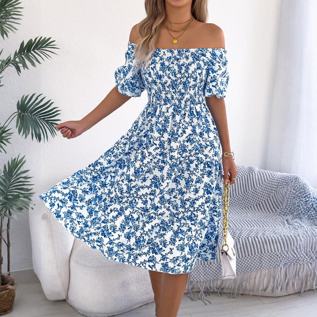 Women's Fashionable Floral Print Square Collar  Short Sleeved Dress With Large Skirt And Loose Fit