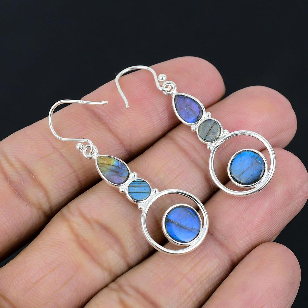 Natural Labradorite Gemstone Earrings Solid 925 Sterling Silver Handmade Earrings Jewelry Gift For Women And Girls E-468