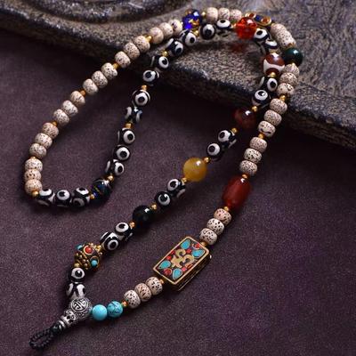 Natural Star Moon Bodhi Dzi Pendant Bead Chain - Tibetan Style Amulet for Men & Women