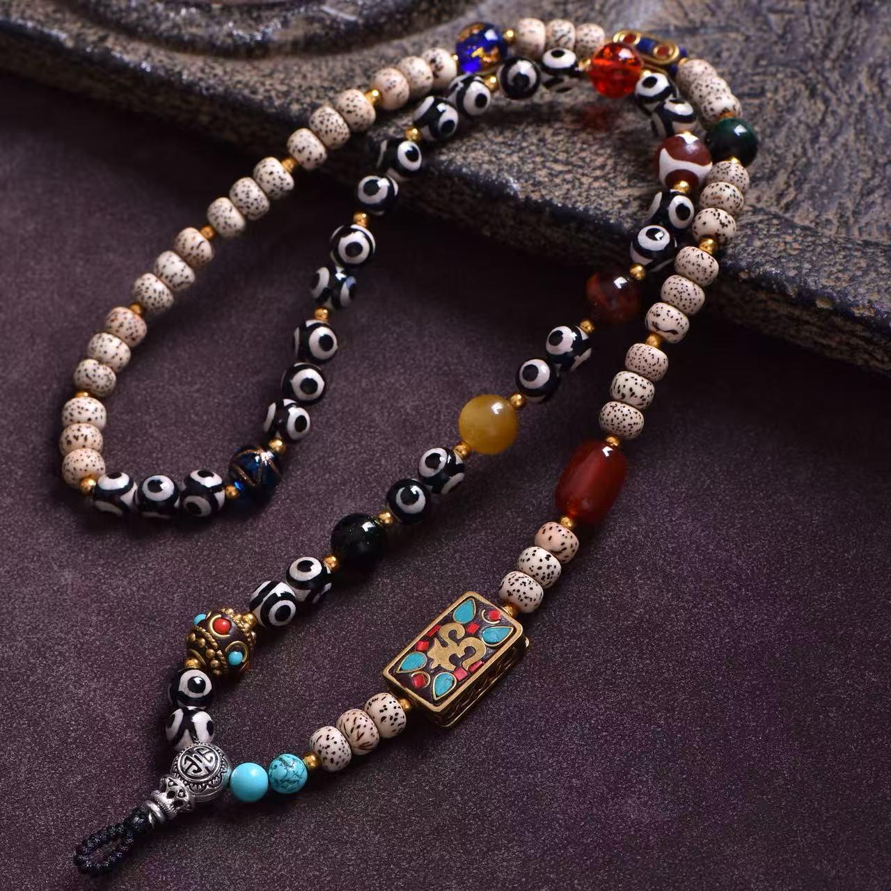 Натуральный кулон-бусина Дзи Бодхи Звезда Луна - Тибетский амулет для мужчин и женщин чёрный/белый