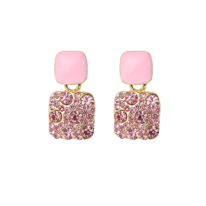 

Enamel Pink Zircon Crystal Double Square Drop Earrings for Women Korean Style Geometry Zircon Trend Creative Accessories