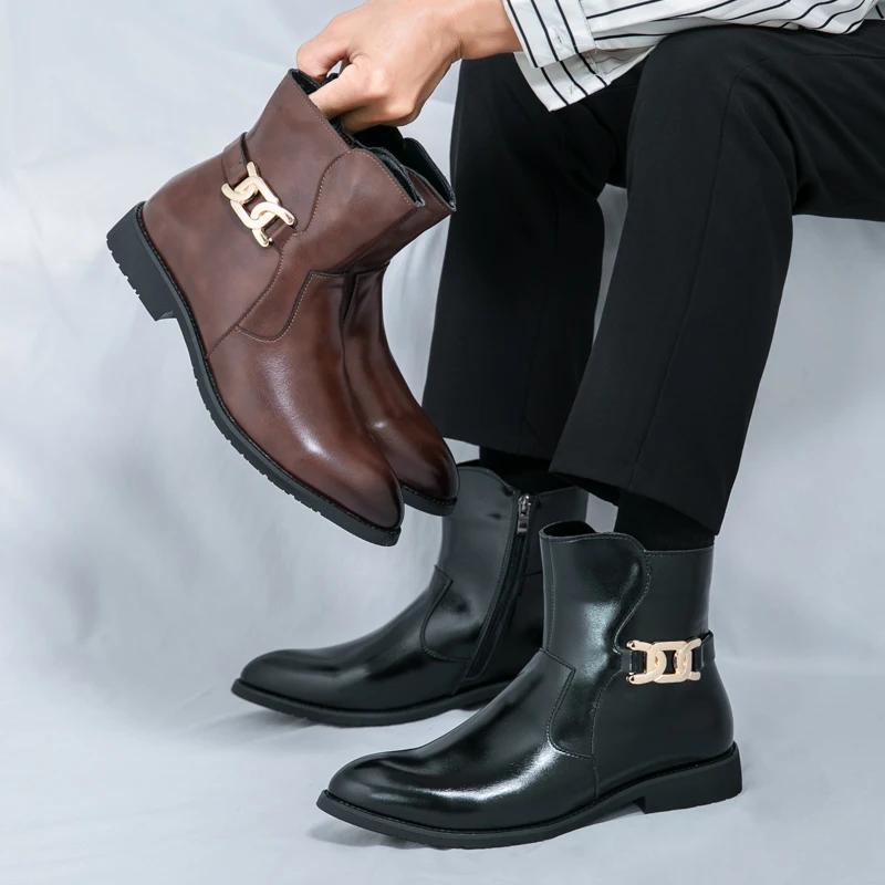 Fashion Classic Fashion Brown Boots for Men Pointed Toe Leather Ankle Boots Big Size 46 High-top Dress Shoes with Casual Business Shoes