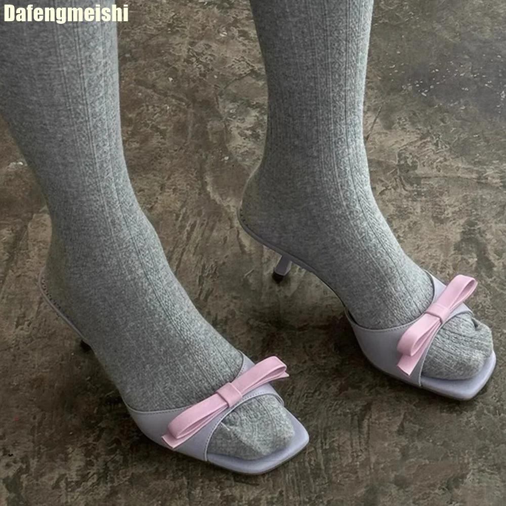Bowknot One-Strap High Heels Slipper for Women 2025 Summer New Square Toe Slides Open Toe Sexy Lace Sole Casual Sandals