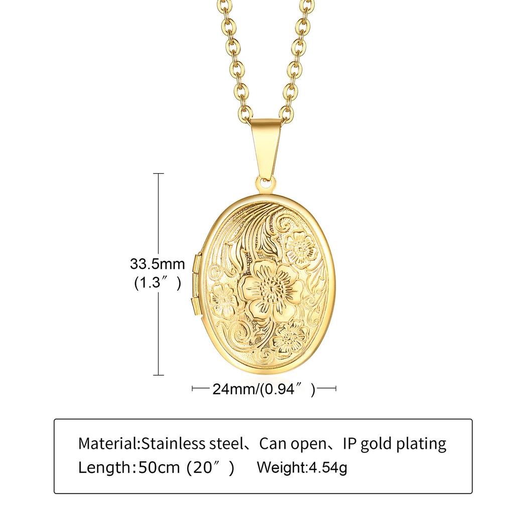 Vnox Monogram Floral Oval Heart Locket Pendant Necklaces for Women Men, Stainless Steel Photo Frame Promise Love Keepsake Collar