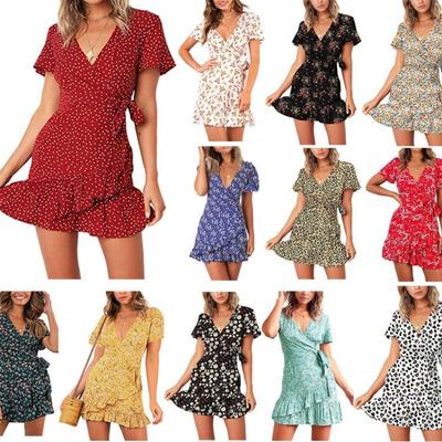 Summer V-neck Printed Short-sleeved Skirt, Lace-up Ruffled Dress, Fashionable, Sexy, Elegant and Generous Ladies Long Skirt