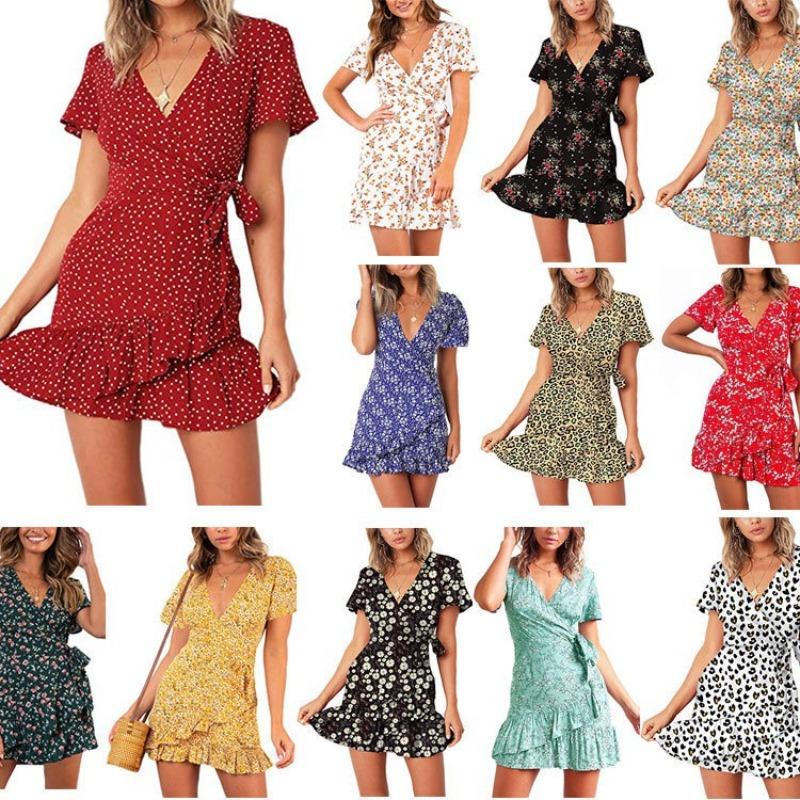 Summer V-neck Printed Short-sleeved Skirt, Lace-up Ruffled Dress, Fashionable, Sexy, Elegant and Generous Ladies Long Skirt