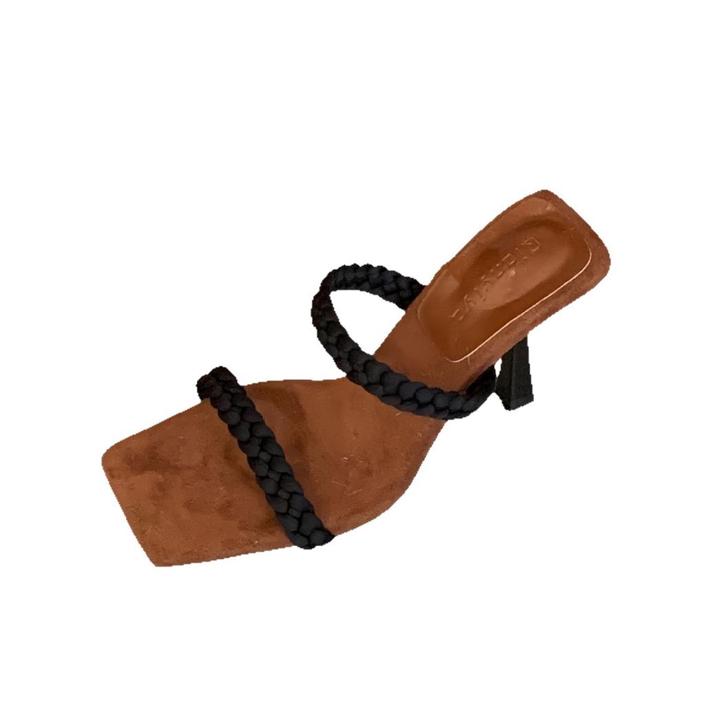 French Temperament Woven Word with High Heels Women's Summer Vacation Style Sandals Summer Open-toed Versatile Outer Slippers Women