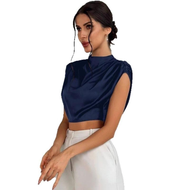 Women's Spring Summer Pleated Satin Shirt Color Ding Imitation Silk Short Shirt