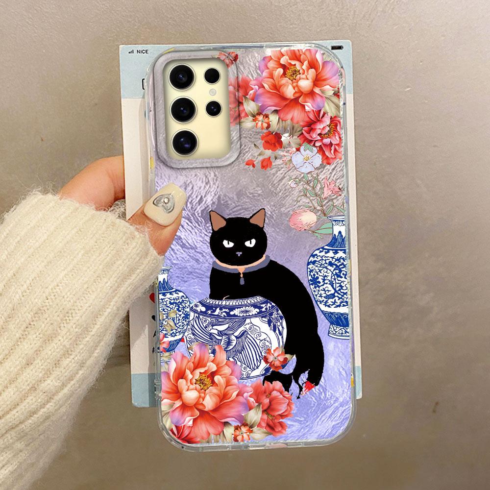 Luxury Black Cat Flower Glacier Texture Phone Case for Samsung Galaxy S25 S24 S23 S22 S21 FE Plus Ultra Shell Silicone TPU Cover