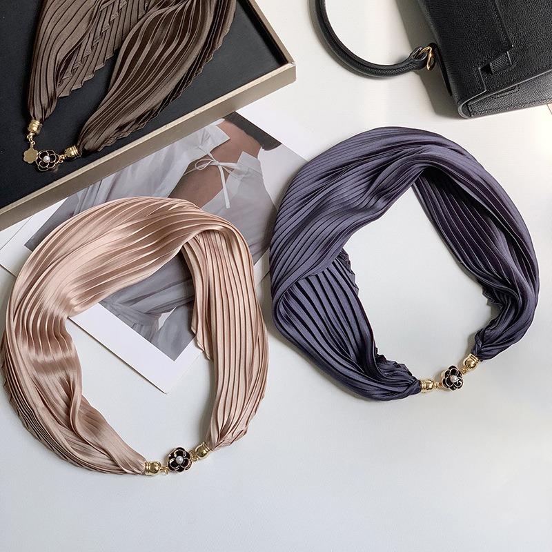 New Monochrome Magnetic Variety Silk Scarf Necklace Women's Pleated Summer Sunscreen Headscarf Decorative Scarf
