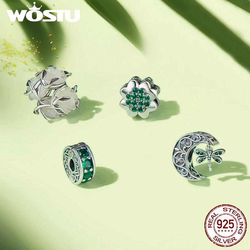 WOSTU 925 Sterling Silver Roses & Moon Dragonfly Charm Four-leaf Clover Beads for Women Girls Bracelet & Bangle DIY Jewelry