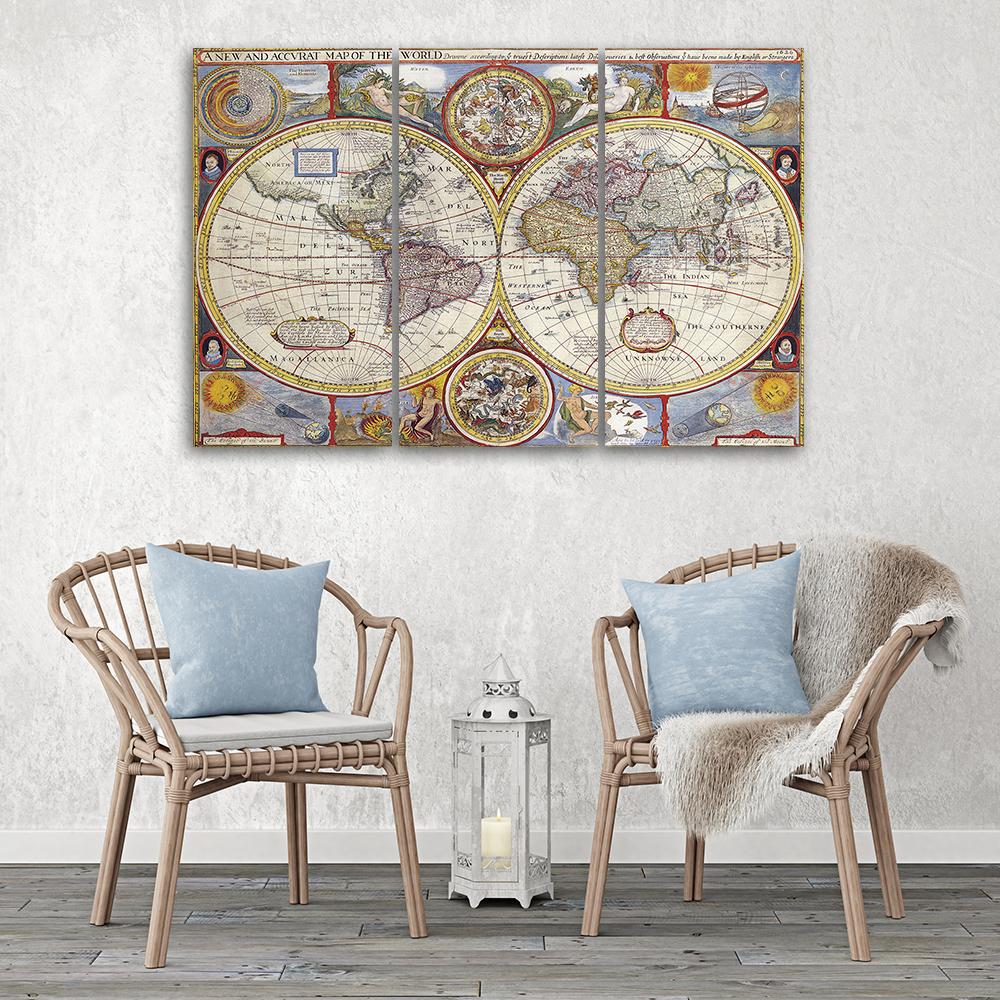 Three Piece Picture Canvas Print Old World Map Retro