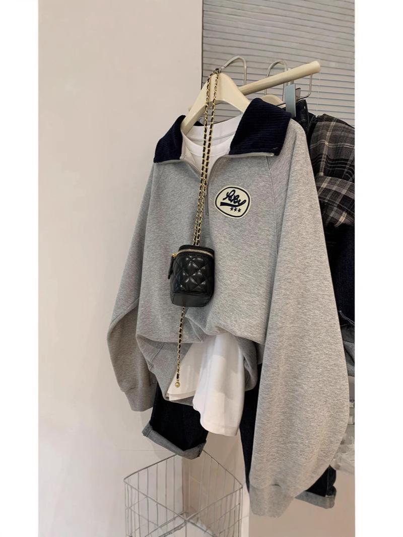 

Женский свитшот большого размера с воротником поло - Свободный крой, на молнии до середины, стильный топ с отложным воротником XL (130-150 jin recommended) серый