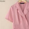 ZANZEA Vestido feminino casual gola virada para baixo verão manga curta