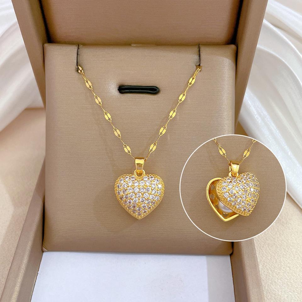 

Classic Gold Color Stainless Steel Necklace For Women Shiny Zircon Geometric Heart Pendant Necklaces Jewelry Gift