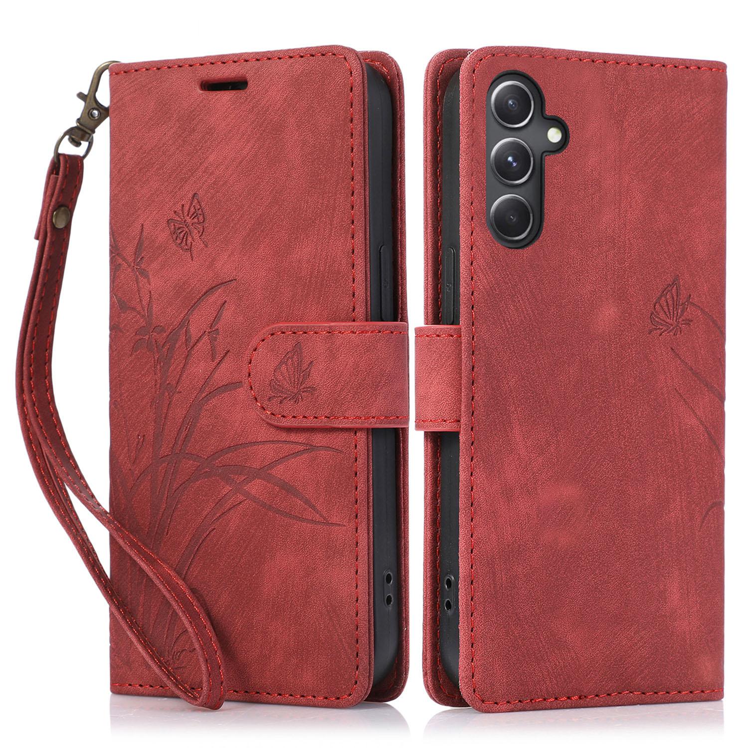 

For Samsung Galaxy S24 Phone Case Orchid Butterfly Pattern Wallet Leather Cover Red