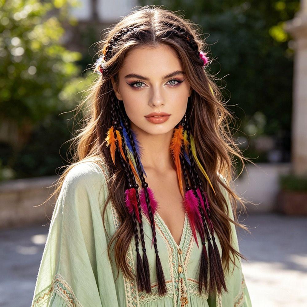 2pcs Rubber Band Headband Bohemian Feather Hair Extensions Handmade Twist Braid Ponytail Daily Use