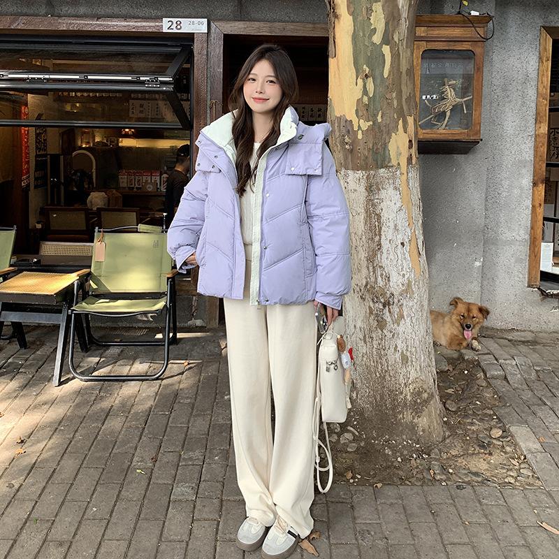 Down women's short 2024 winter new thickened small hooded contrasting white duck down bread jacket