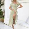 Casual Flower Printed High Waist Dress Summer Sexy A-line Short Sleeve Split Party Dress For Women 2023 Fashion Vestidos 25280