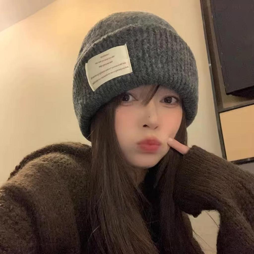 Damen Wollstrick Winter Dicke Mütze Einfarbig Buchstaben Etikett Beanies Skullies Koreanisches Mädchen Ohrenwärmer Kälteabweisende Überzieh-Mütze