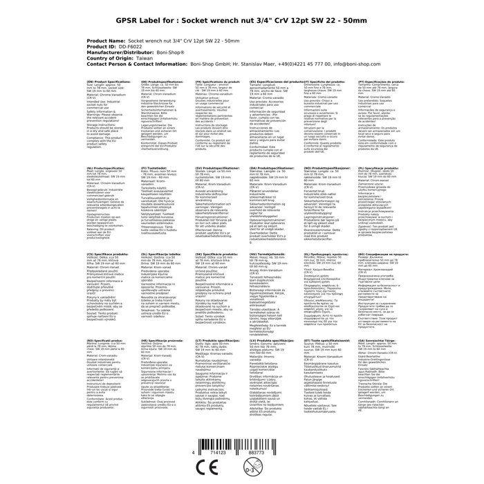 Douille Clé à Douille 3/4 pouce, 22mm, CrV, 12 Pans - Qualité Industrielle