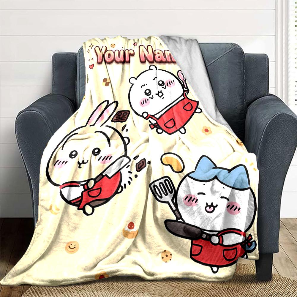 1pc Chiikawa Blanket with Custom Name, Gift, for Men and Women, Soft Blanket, Good for Sofa Bed Couch Travel, Lightweight Flannel Blanket