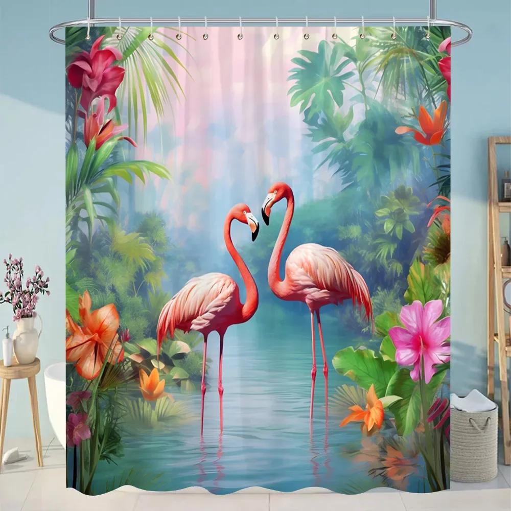 Tropiska Gröna Botaniska Duschdraperi Floral Fjäril Tvättbart Hängande Draperi Badrum Dusch och Badkar Dekor med Krokar