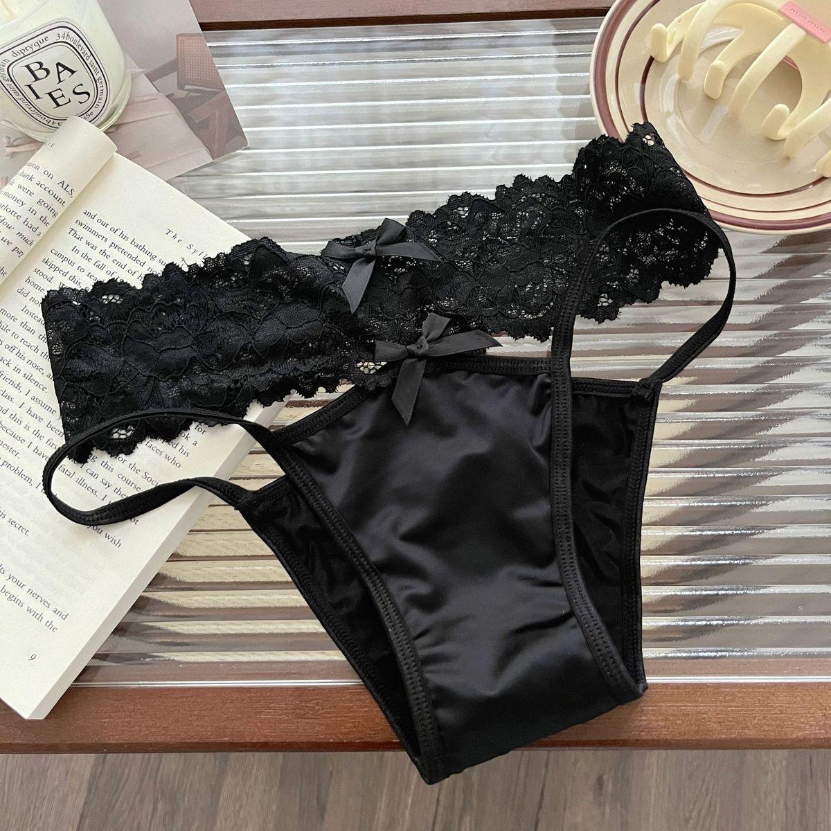 

Lady Summer Light Luxury Sexy Pure Desire Sweet Lace Satin Hollow Ice Silk Low Waist Triangle Briefs L чорний
