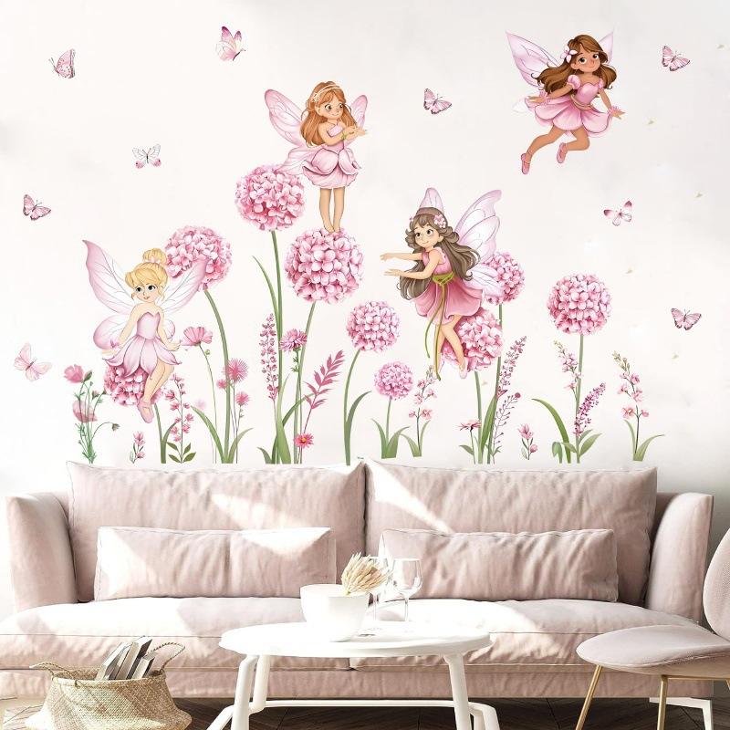 Cartoon Pink Flower Fairy Dandelion Wall Stickers Girl Room Floral Butterfly Wall Decals Bedroom Baby Nursery Kids Home Decor