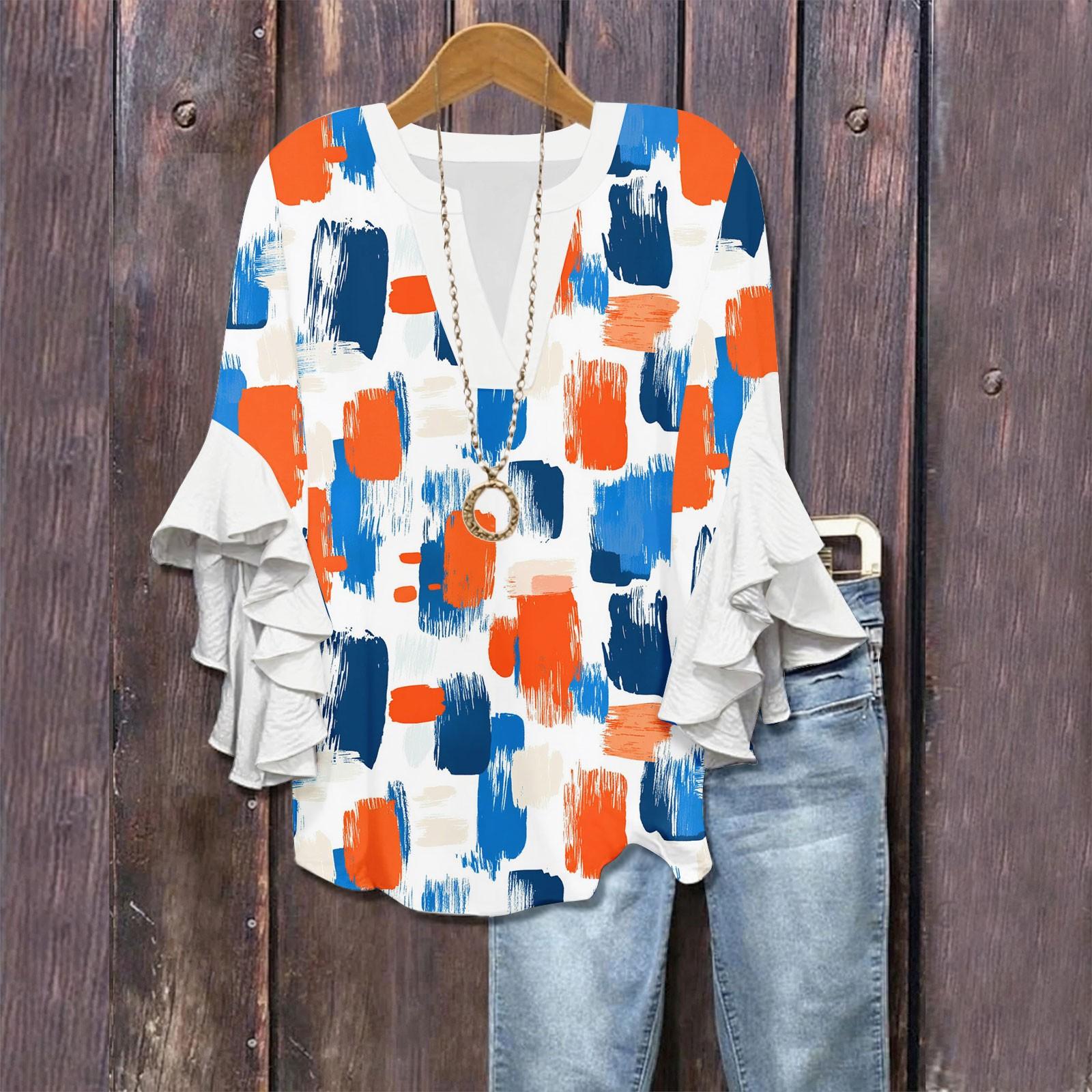 

Рубашки с рукавами 3/4 для женщин, симпатичные футболки с графическим принтом, блузки, повседневные, больших размеров, базовые топы с оборками на рукавах, пуловеры L белый