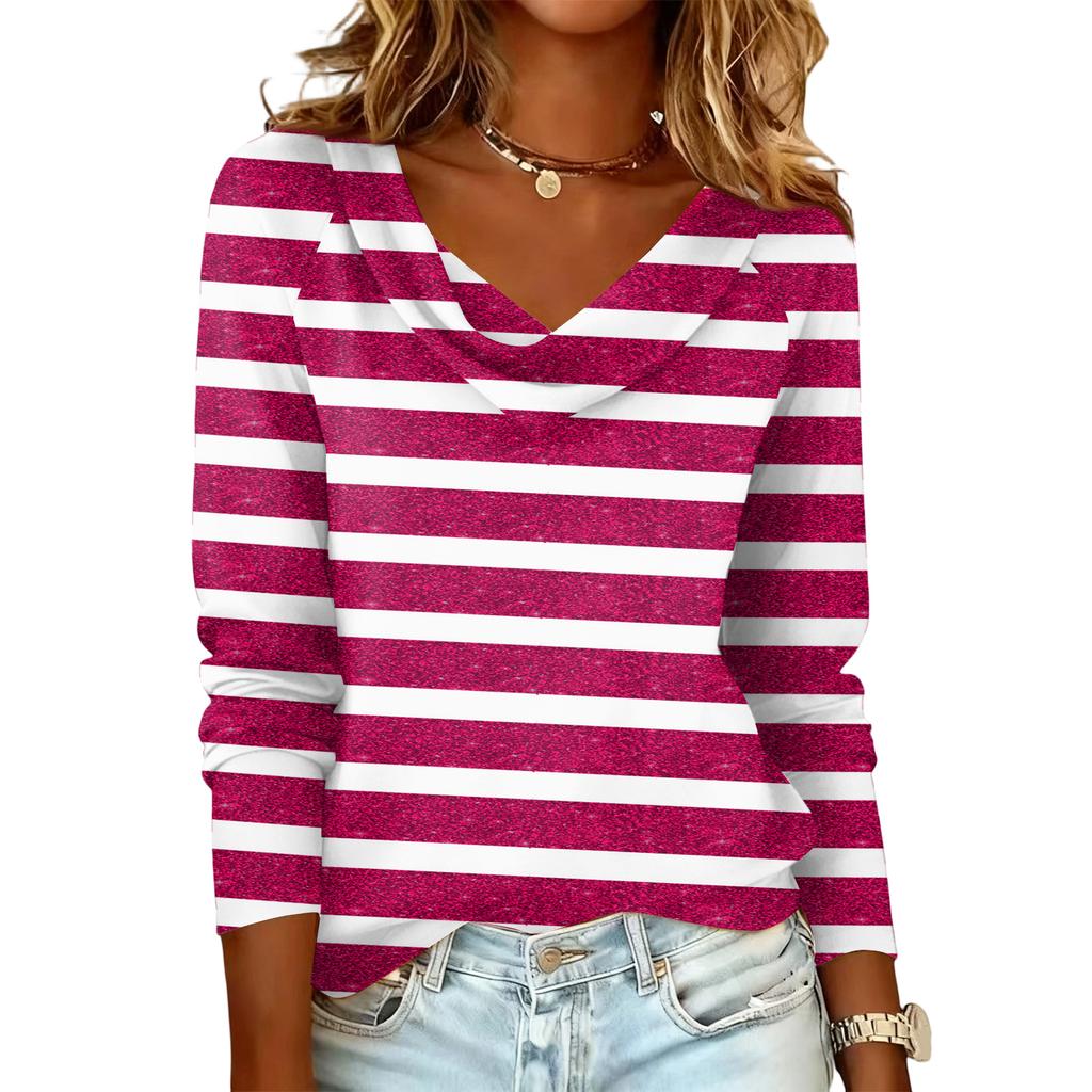 Ladies' Striped Printed Casual and Fashionable Long Sleeved Pullover Top