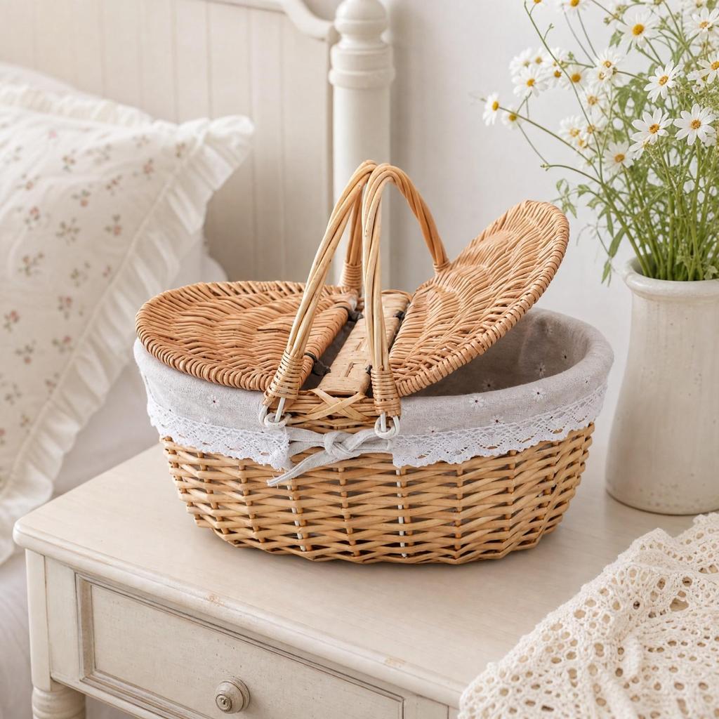Panier en osier Longue durée Ovale Tissé à la main avec couvercle Naturel