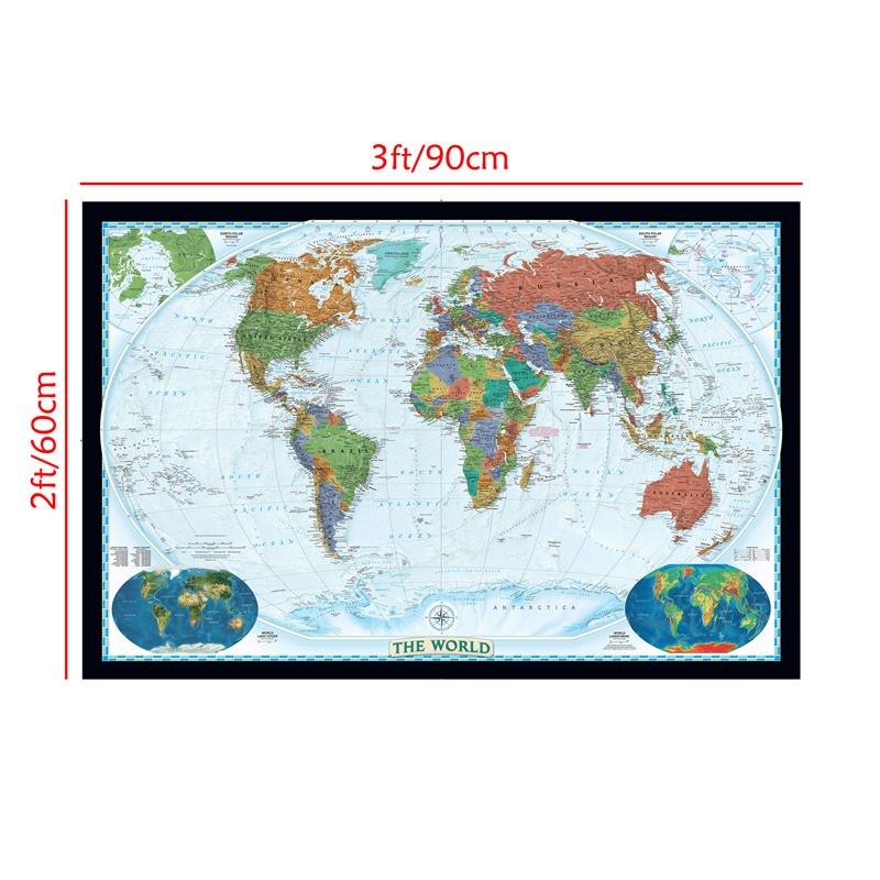 World Political Map Large Poster Prints Wall Hanging Art Vinyl and Non-woven Fabric Background Cloth Wall Decor