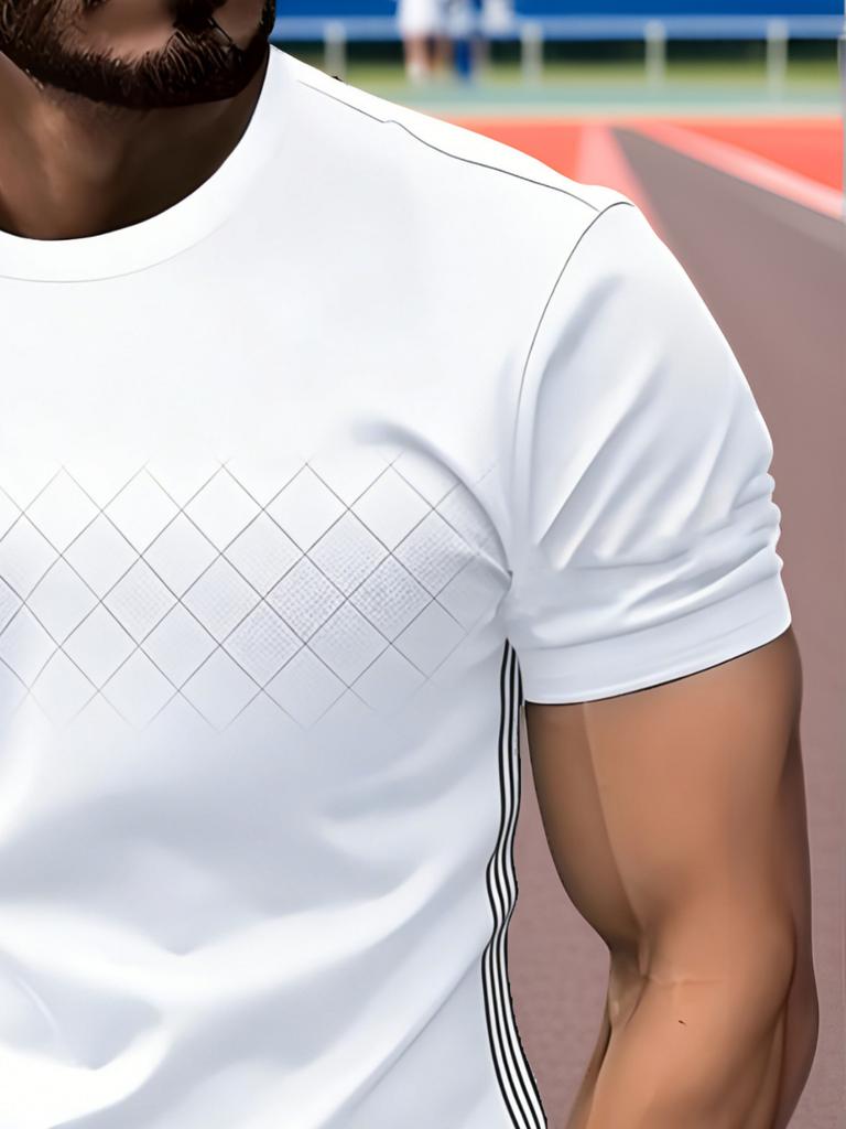 Men's Short-Sleeve T-Shirt with Quadrilateral Vertical Stripes and Side Seam Accents - Versatile Top for Daily Casual and Commuting Wear