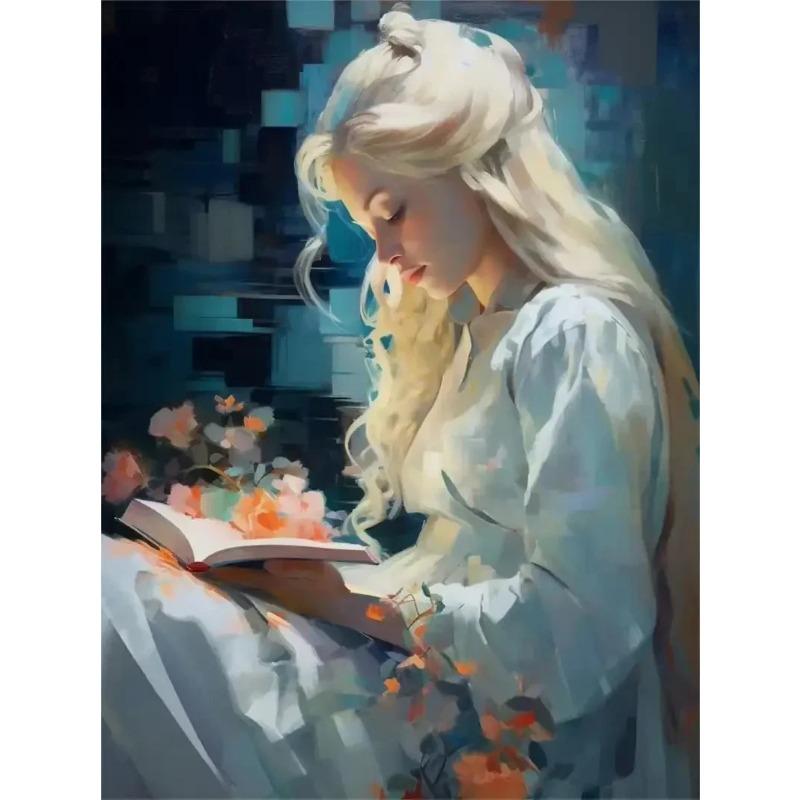

Vintage Read Elegant Girl Book Lovers Poster Women Portrait Oil Painting on Canvas Painting Wall Art Picture for Room Home Decor 21X30CMNo Framed