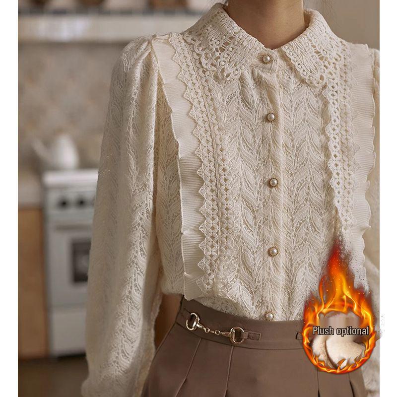 Women's European Style Fleece-Lined Ruffled Lace Shirt for Autumn/Winter