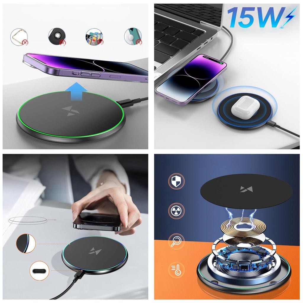 Qi Induktions-Wireless-Ladegerät mit USB-C-Kabel 15W - schwarz