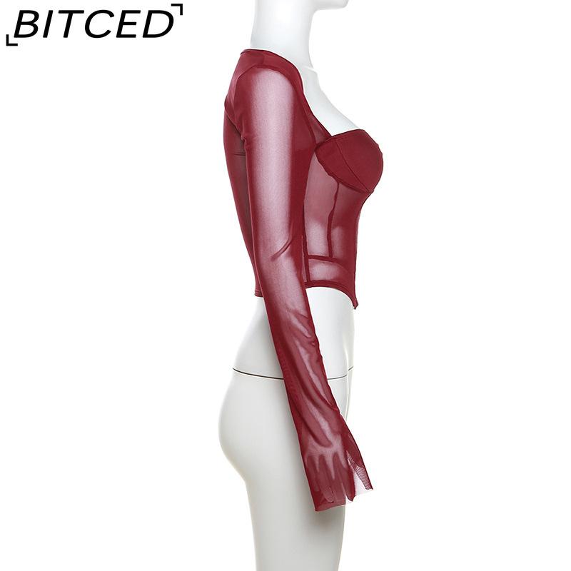 BITCED Autumn Women's Solid-Colour Slim-Fit Cropped Streetwear Square-Neck Long-Sleeved Top