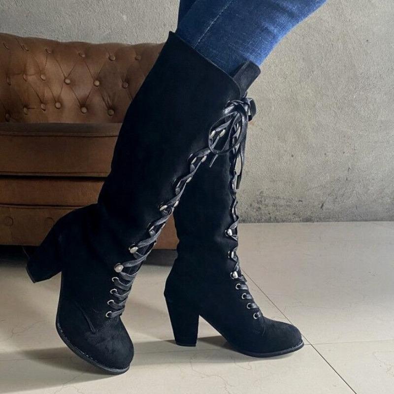 High-heeled Fashion Boots 2025 Winter New Slimming Plus-size Thick-heeled Cross-strap Boots
