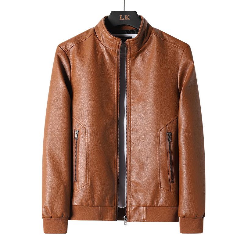 Men's Spring and Autumn New Large Size Stand Collar Single Layer Leather Jacket Men's PU Leather Jacket Casual Jacket Men's Trendy